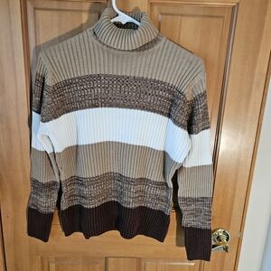 Basic Editions Size XL Women's Turtleneck Sweater in Brown, Cream & White Stripe